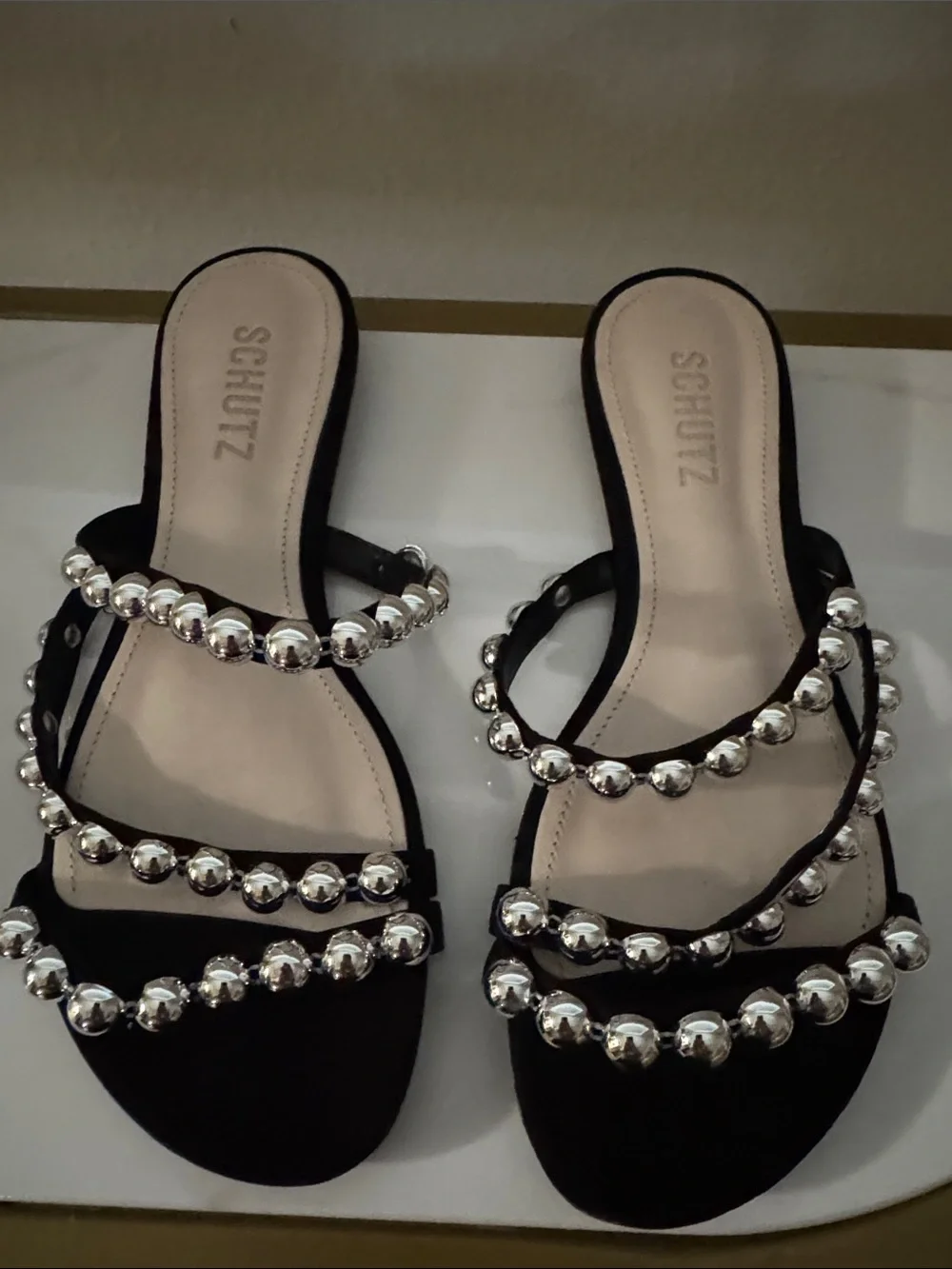 SCHUTZ Black Slide Sandals with Silver Bead Trim No box never worn - Picture 3 of 6